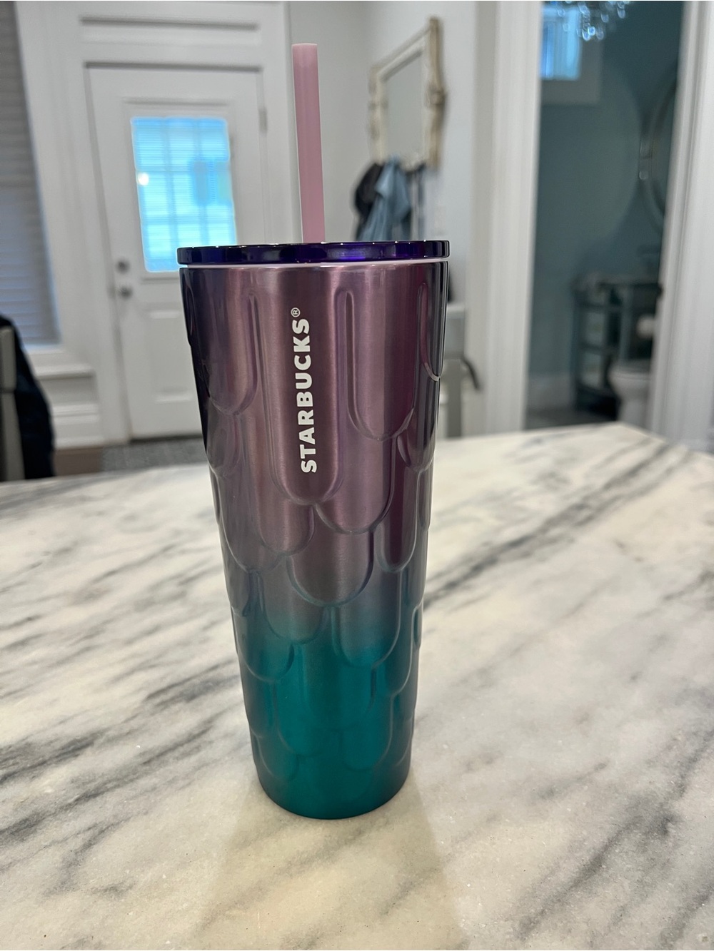 Starbucks Iridescent Teal-Purple Reusable Tumbler with Pink Straw